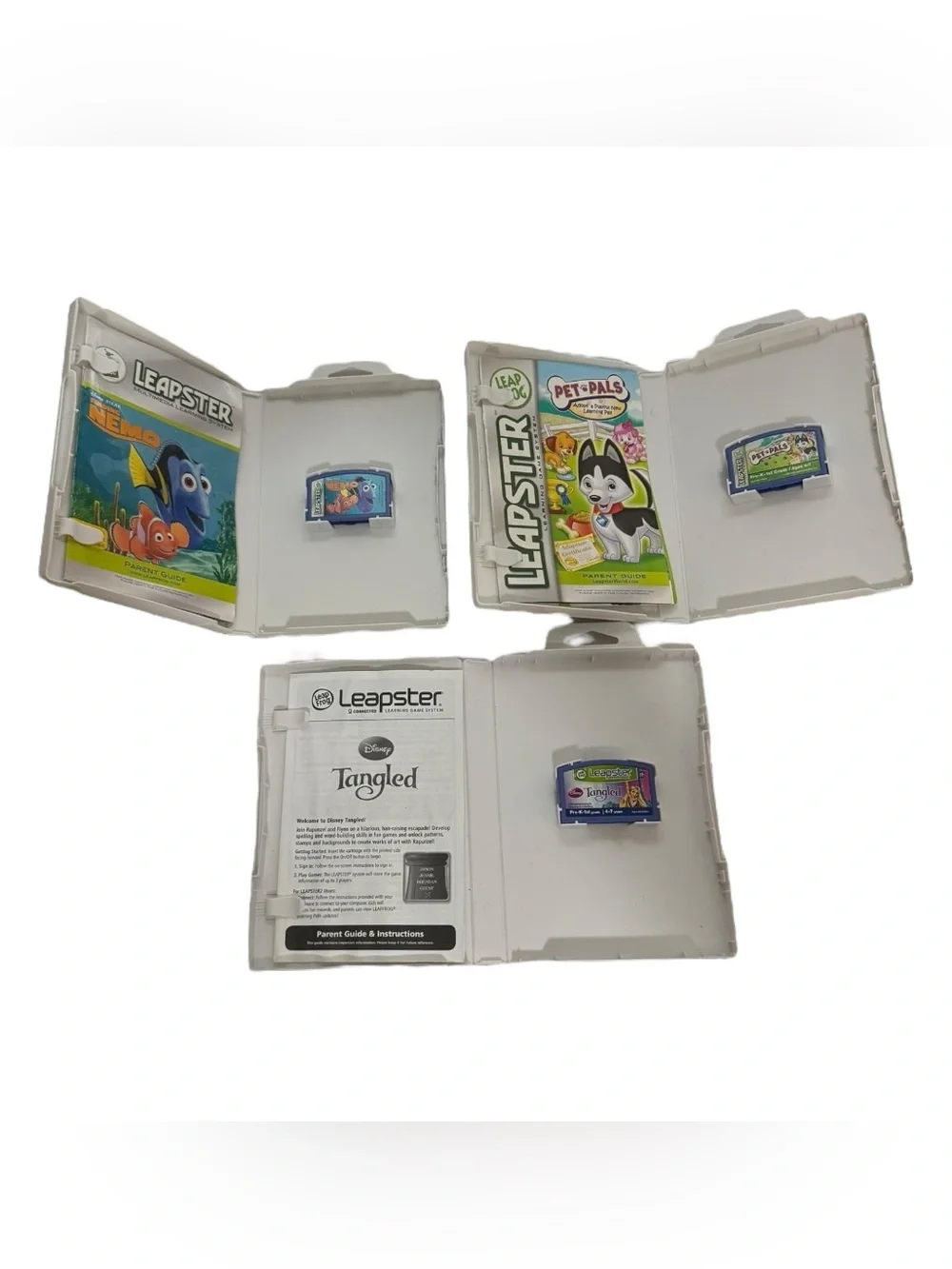 Lot 3 LeapFrog Leapster Games Tangled Finding Nemo Pet Pals Complete Tested